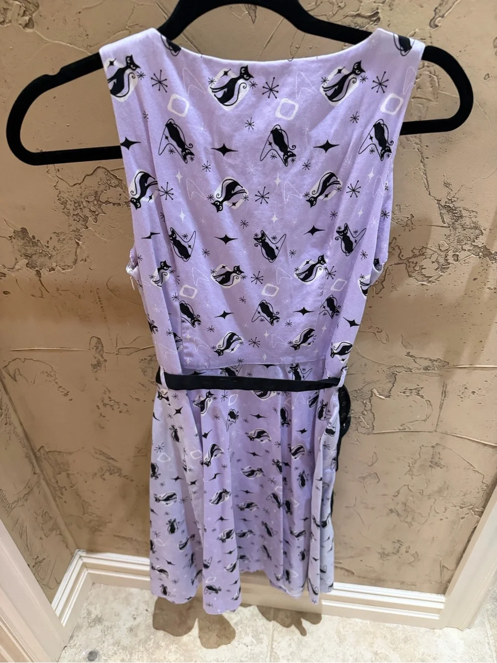 Voodoo Vixen Black Cat Print A-Line Dress in Light Lavender